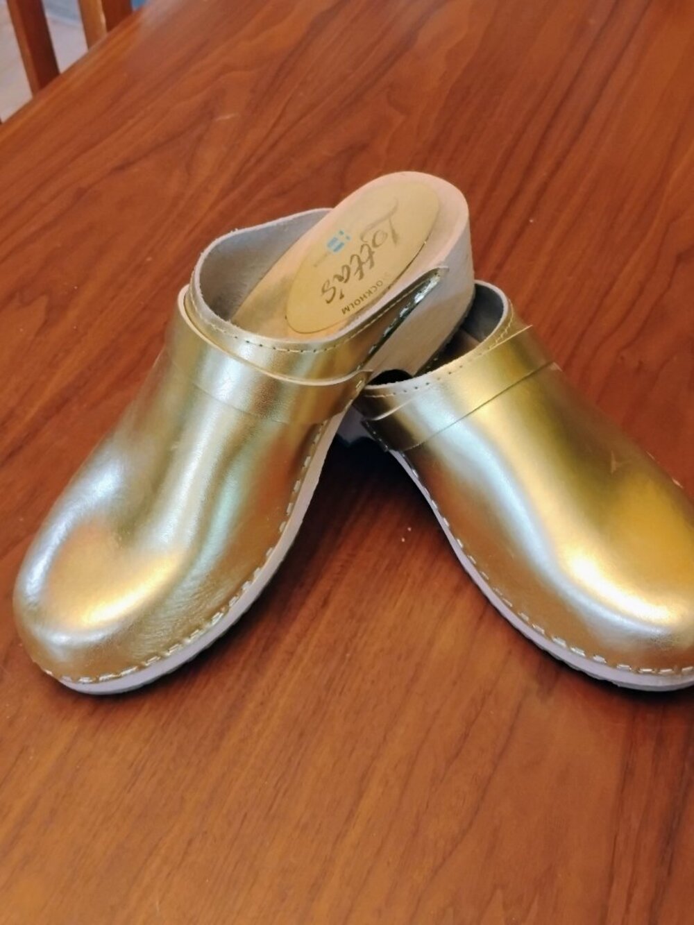 Gorgeous Gold Lotta of Sweden Clogs Wood fits 9.5 10 perfectly marked 41